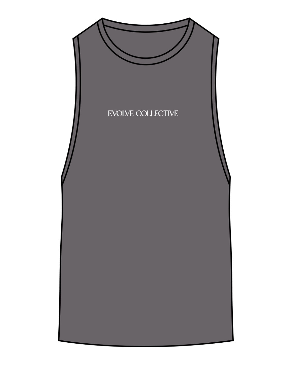 The Scoop Muscle Tank - Asphalt - Evolve Collective - Center Chest - Printed - White