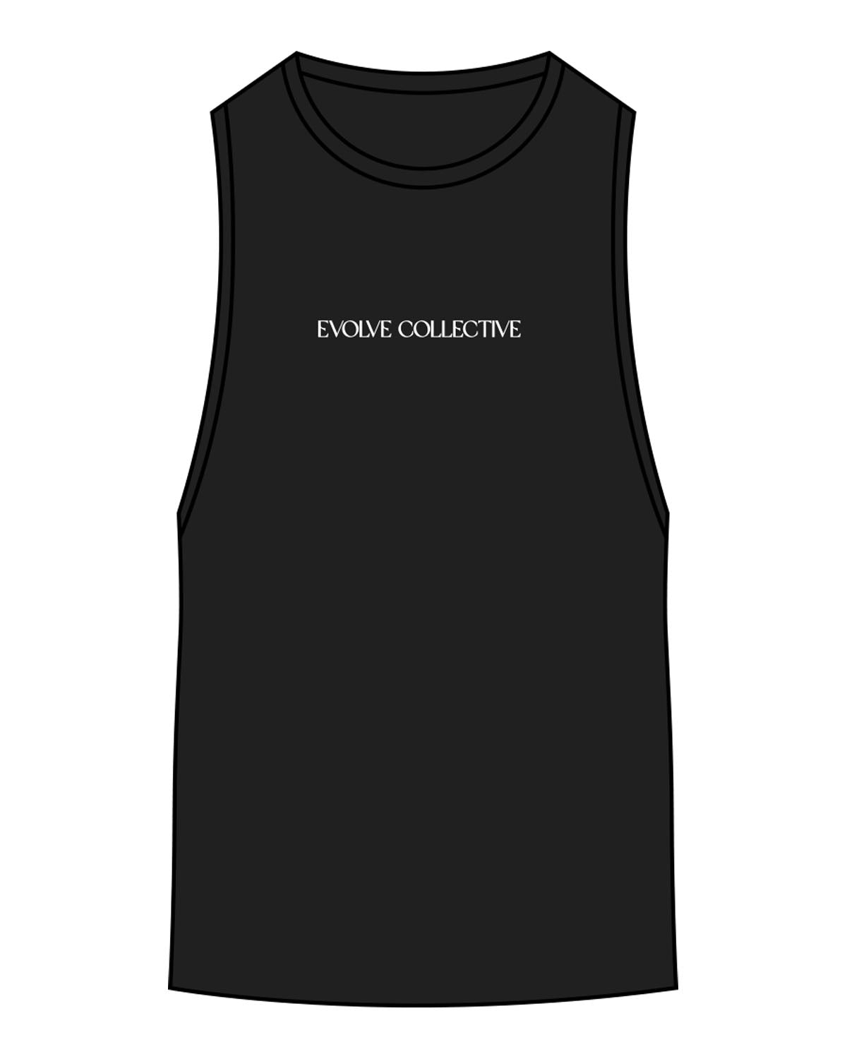 The Scoop Muscle Tank - Black - Evolve Collective - Center Chest - Printed - White