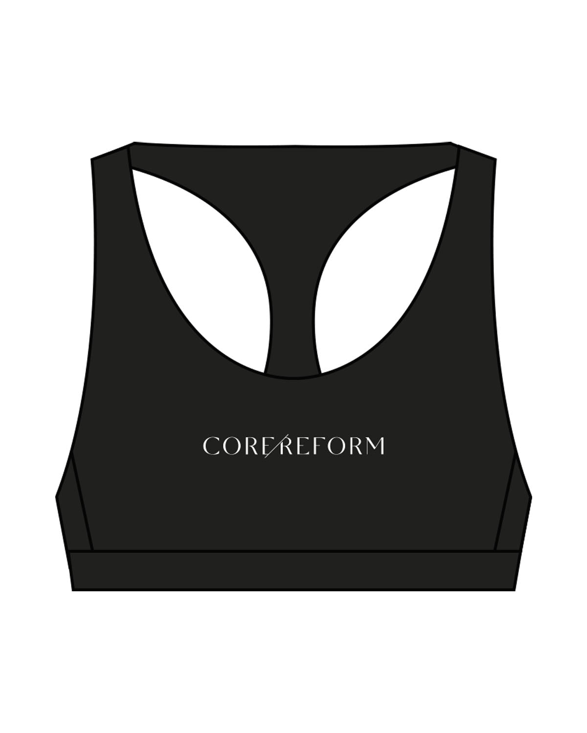 The Racer Bra - Black - Core Reform - Center Chest Text & Center Back - Printed - White