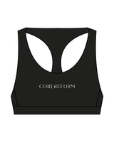 The Racer Bra - Black - Core Reform - Center Chest Text & Center Back - Printed - White