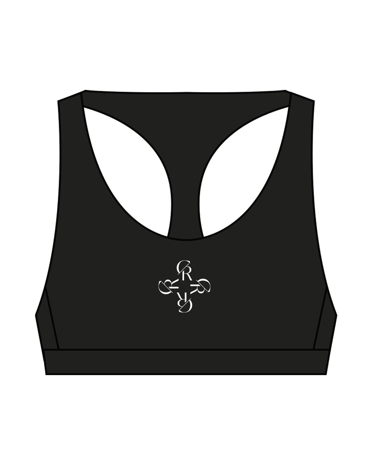 The Racer Bra - Black - Core Reform - Center Chest Icon & Center Back - Printed - White