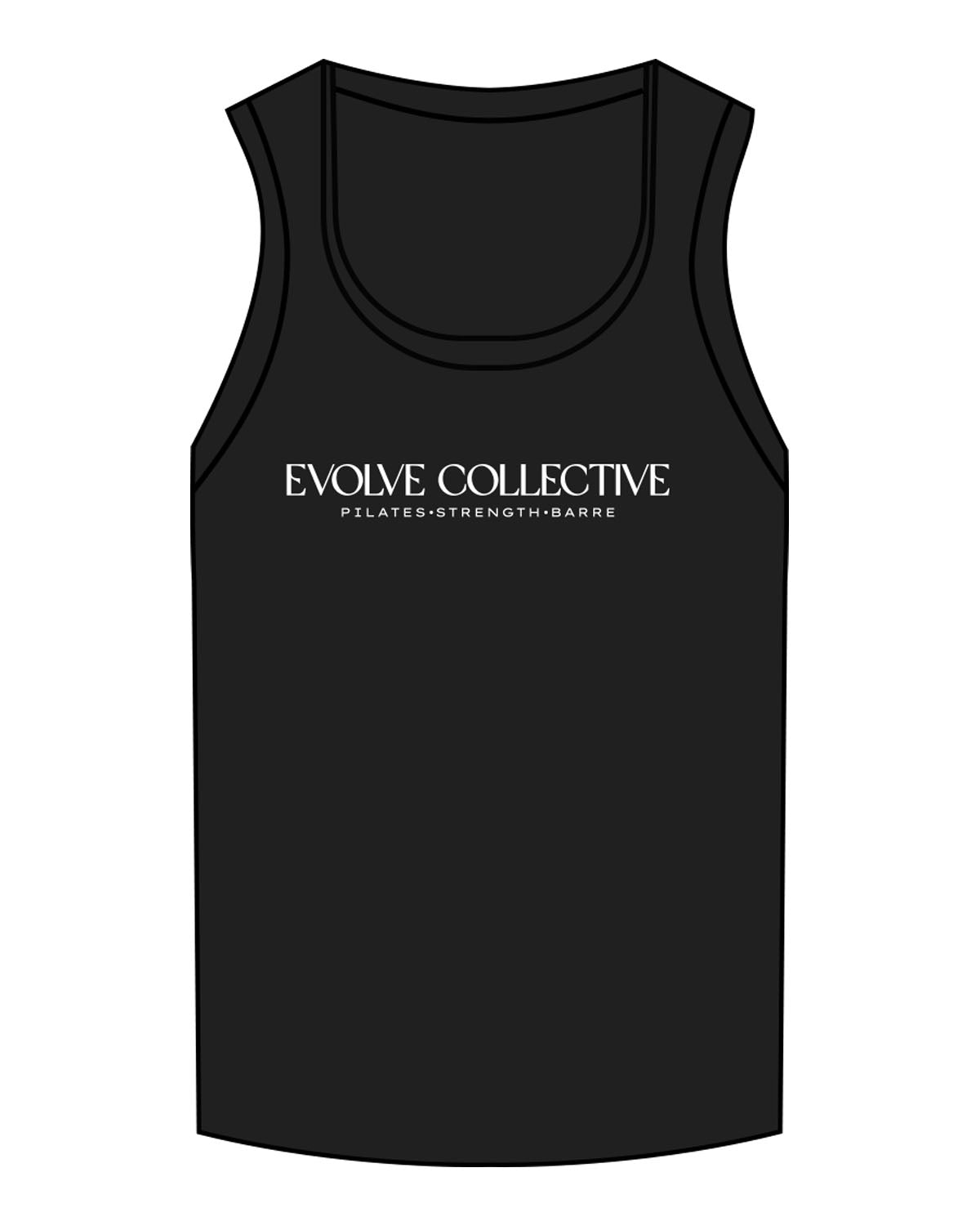 The Micro Rib Full Length Tank - Black - Evolve Collective - Center Chest Stacked - Printed - White