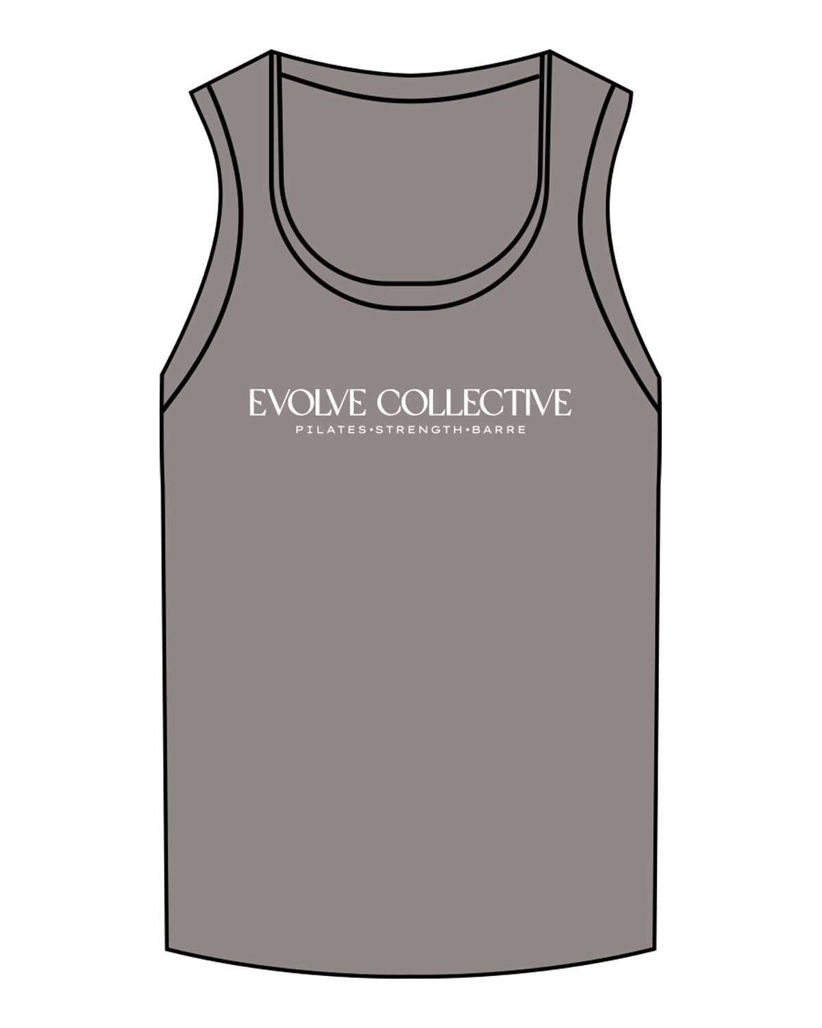 The Micro Rib Full Length Tank - Charcoal Heather - Evolve Collective - Center Chest Stacked - Printed - White