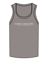 The Micro Rib Full Length Tank - Charcoal Heather - Evolve Collective - Center Chest Stacked - Printed - White