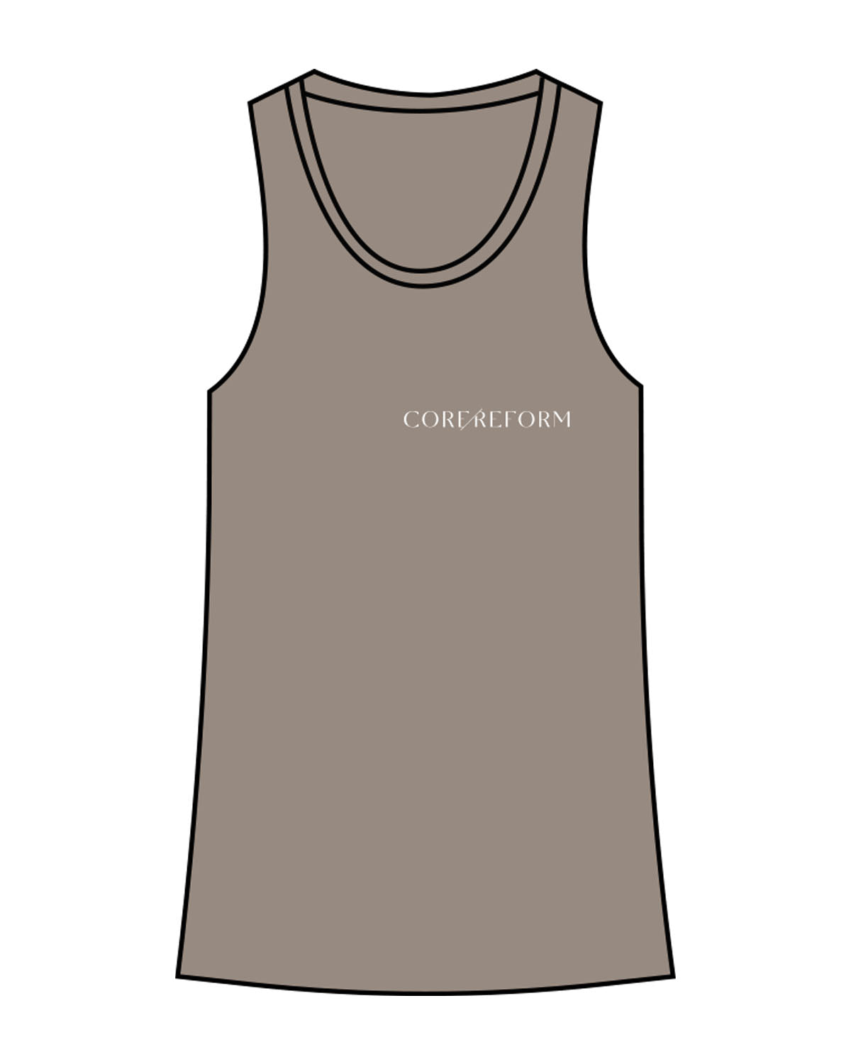 The Womens Full Length Tank - Warm Gray - Core Reform - Left Chest & Center Back - Printed - White