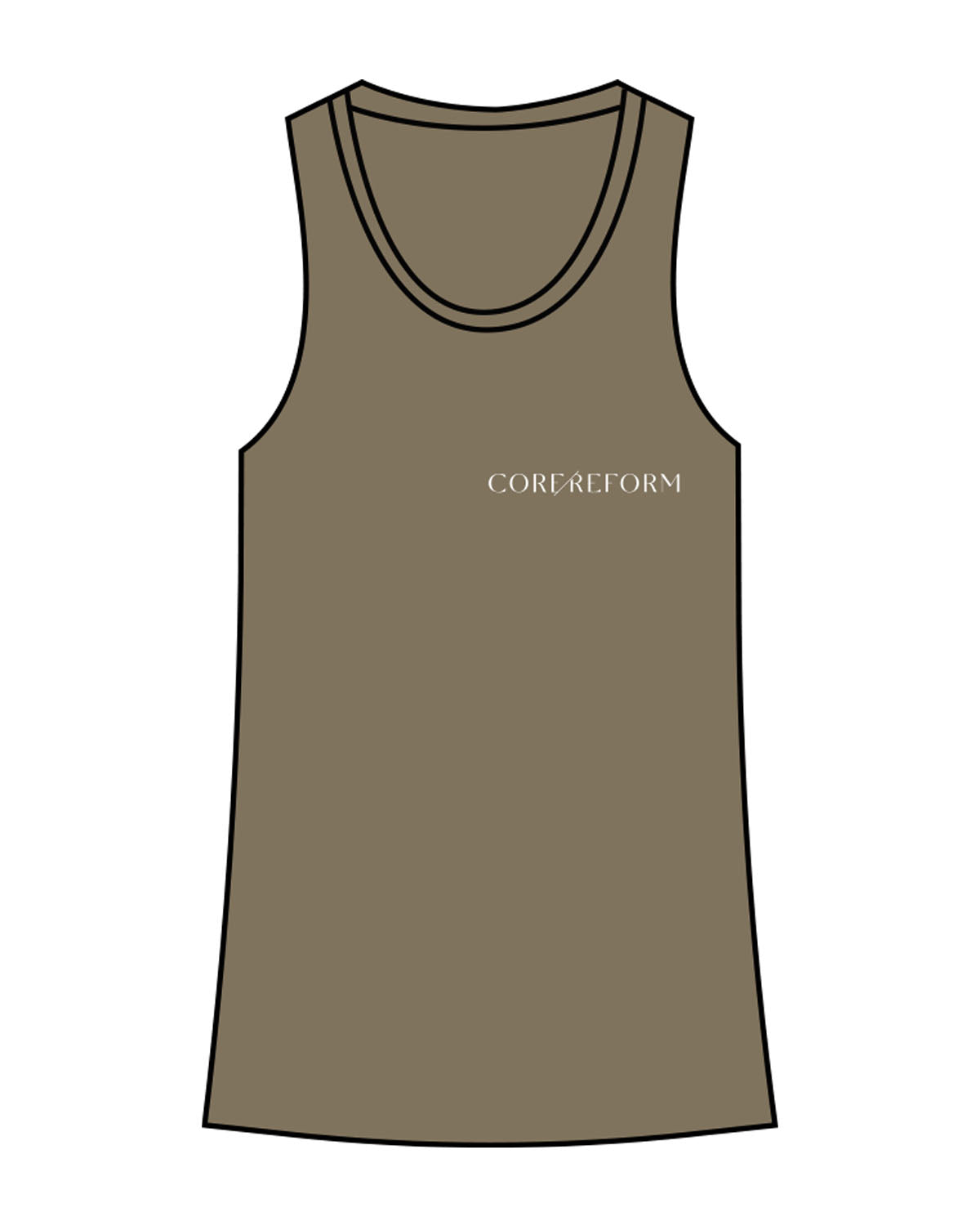 The Womens Full Length Tank - Olive - Core Reform - Left Chest & Center Back - Printed - White