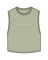 The Crop Muscle Tank - Pistachio - Core Reform - Center Chest & Back Neckline - Printed - White