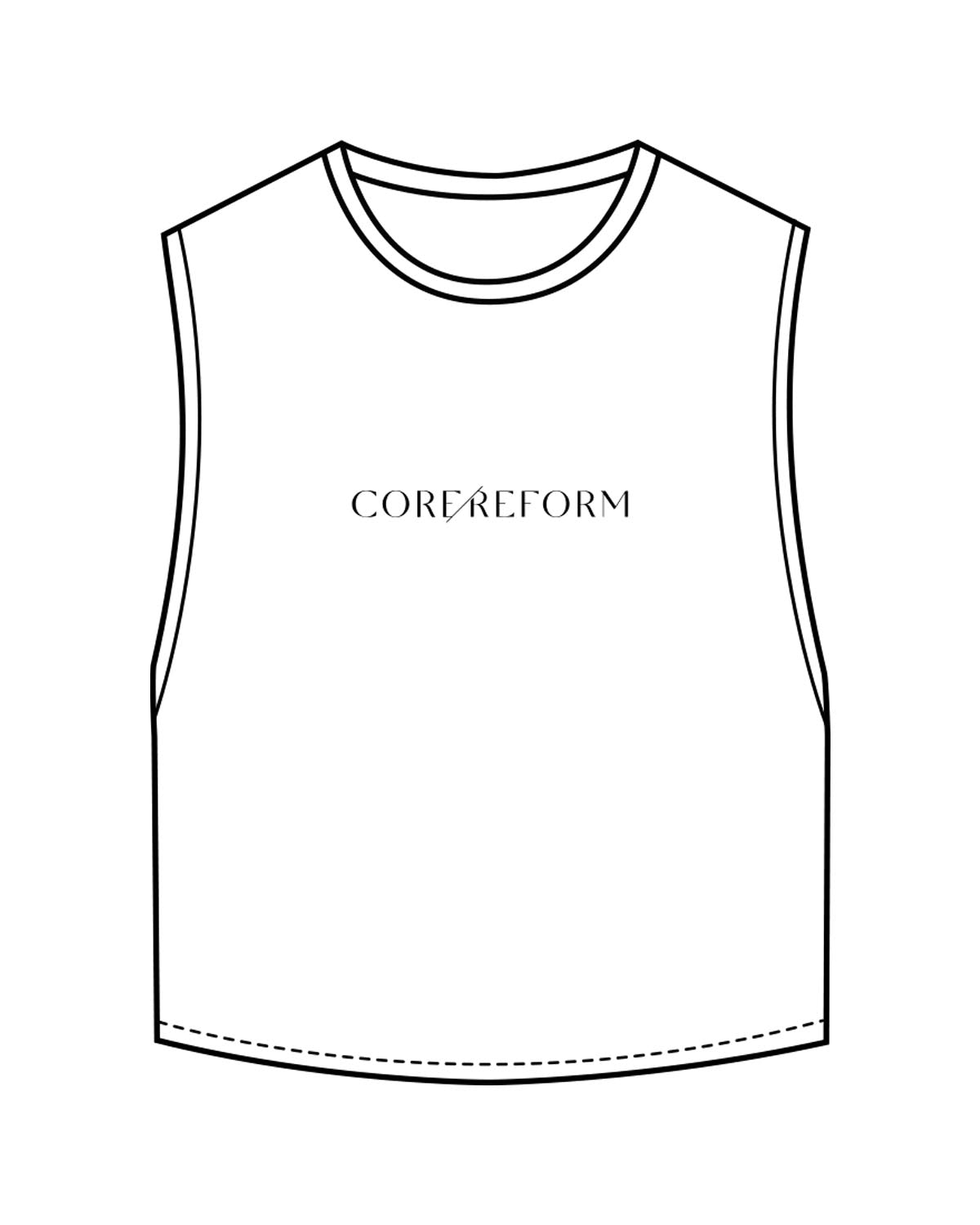The Crop Muscle Tank - White - Core Reform - Center Chest & Back Neckline - Printed - Black