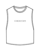 The Crop Muscle Tank - White - Core Reform - Center Chest & Back Neckline - Printed - Black