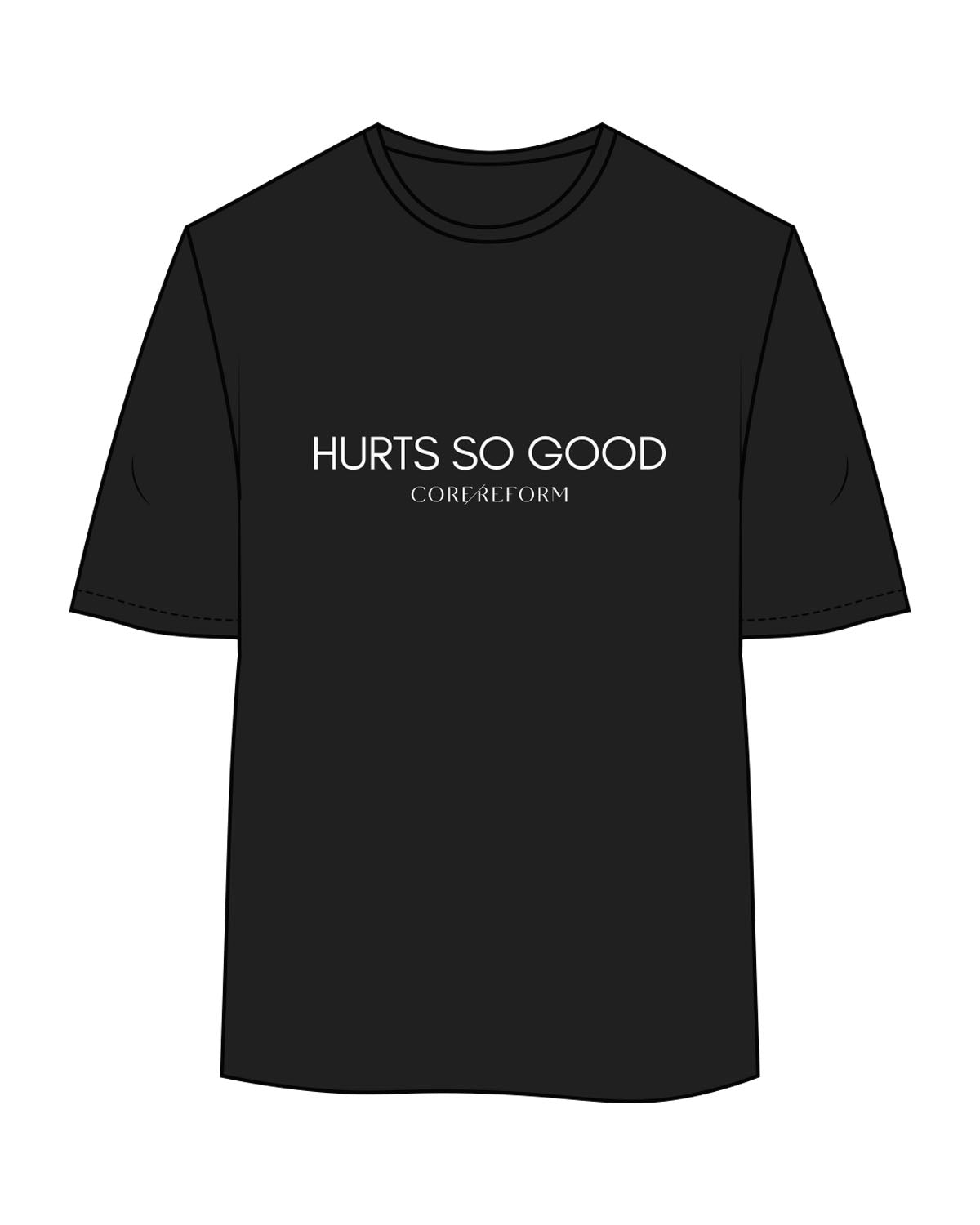 The Womens Oversized Tee - Black - Core Reform - Center Chest Stacked "HURTS" - PRinted - White