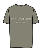 The Womens Tee - Eucalyptus - Core Reform - Left Chest & Back Stacked - Printed - Khaki