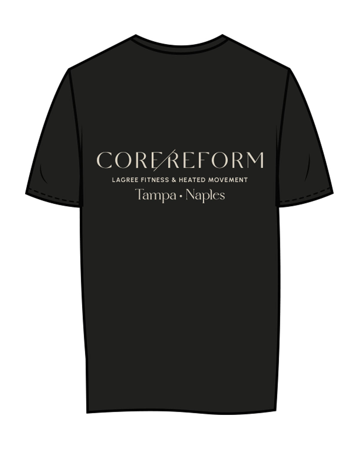 The Womens Tee - Black - Core Reform - Left Chest Stacked & Back Stacked - Printed - Ecru