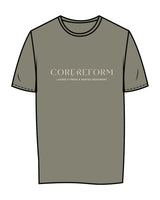 The Womens Tee - Eucalyptus - Core Reform - Center Chest & Back Stacked - Printed - Khaki