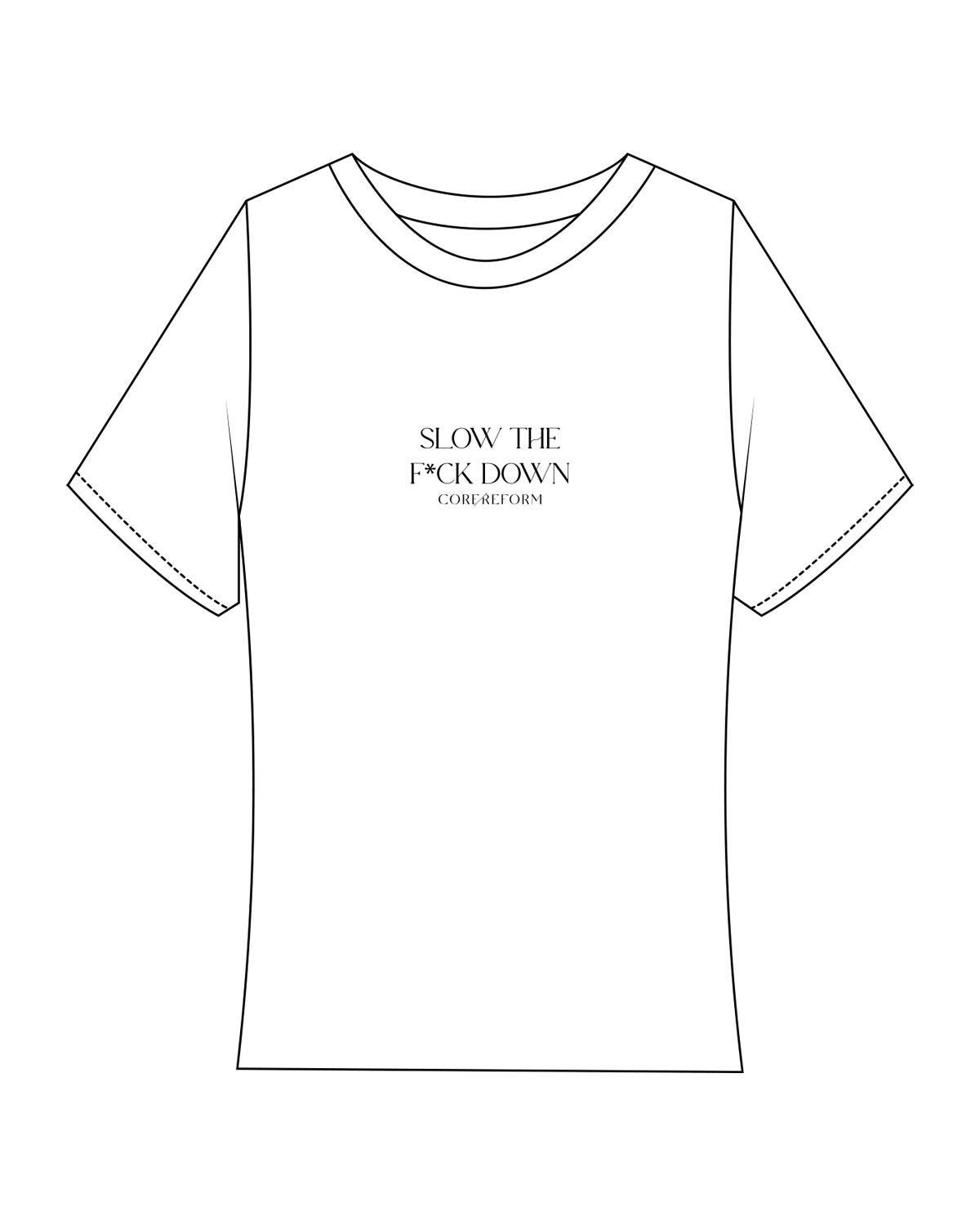 The Baby Tee - White - Core Reform - Center Chest Stacked "SLOW" - Embroidered - Black