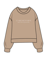 The Womens Sueded Crewneck - Tan - Core Reform - Center Chest & Back Stacked - Printed - Off White