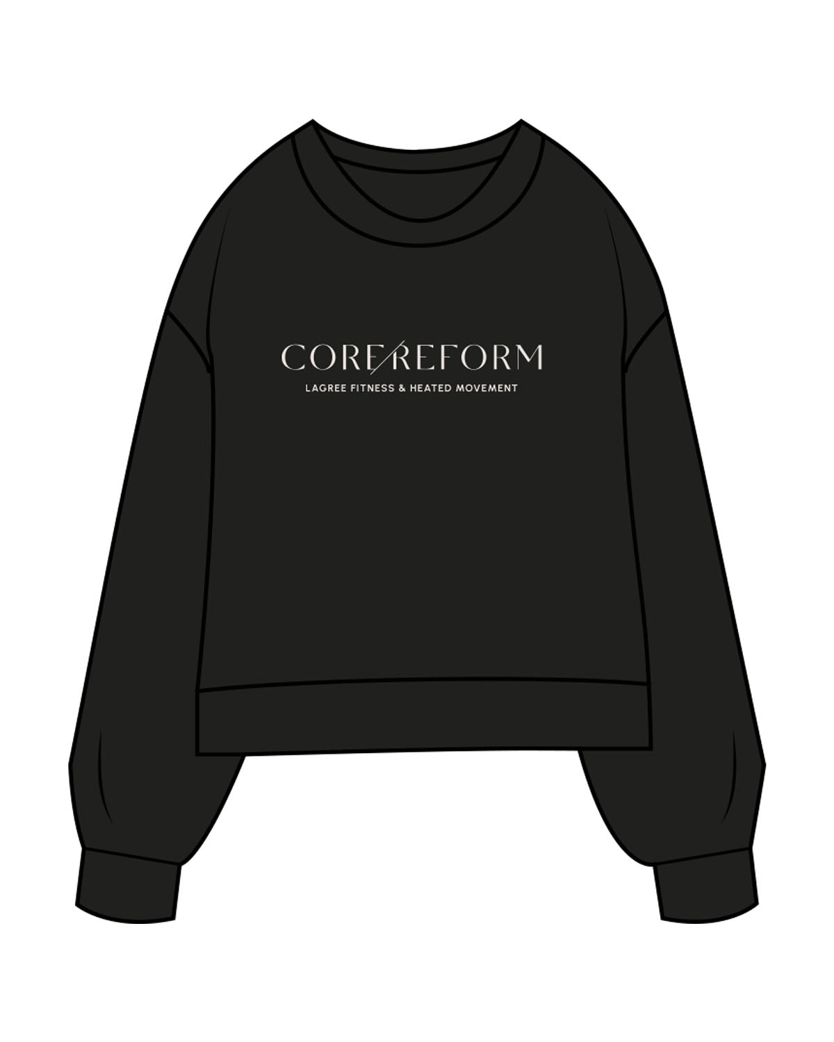 The Womens Sueded Crewneck - Black - Core Reform - Center Chest & Back Stacked - Printed - White