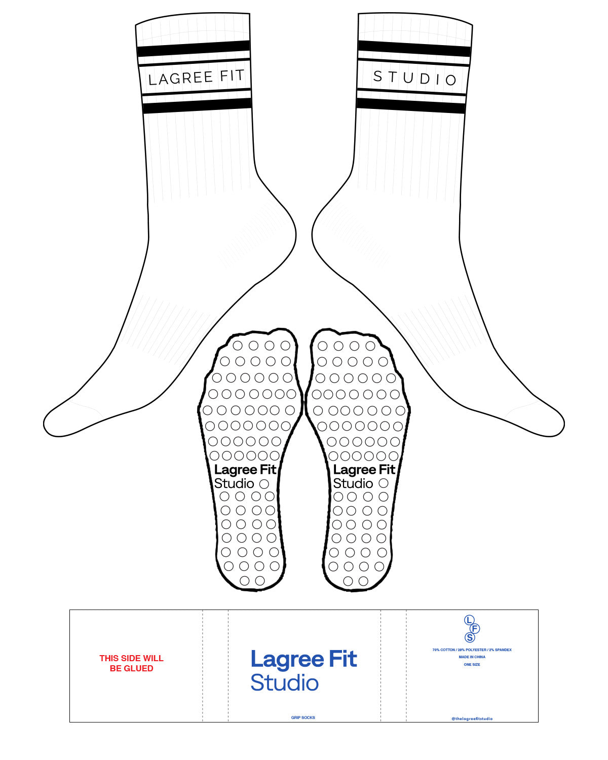The Crew Sock - White - Lagree Fit Studio - 4 Stripes - Top Logo Left & Right Side - Printed - Black - Circle Grip - Transparent