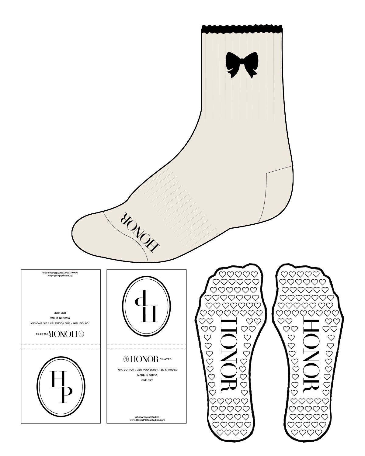 The 3/4 Crew Sock - Off White - Honor Pilates - Front & Top "Ribbon" - Heart Grip - Black
