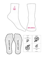The 3/4 Crew Sock - White - The Booty Shop - Ankle Logo - "Birthday Baddie" - EMB - Cabaret - Foot Text - Printed - Cabaret - Heart Grip - Cabaret