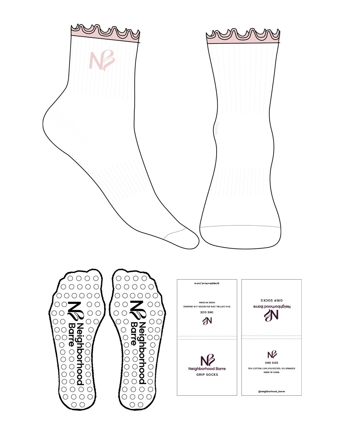 The 1/2 Crew Sock - White - Neighborhood Barre - Ruffle - Brand Pink - Text - EMB - Brand Pink - Circle Grip - Brand Pink