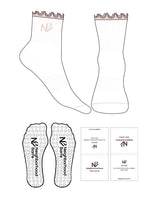 The 1/2 Crew Sock - White - Neighborhood Barre - Ruffle - Brand Pink - Text - EMB - Brand Pink - Circle Grip - Brand Pink