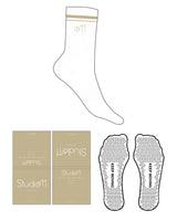 The Crew Sock - White - Studio 11 - Ankle with Border - Transparent Triangle Grip - Embroidered - Gold