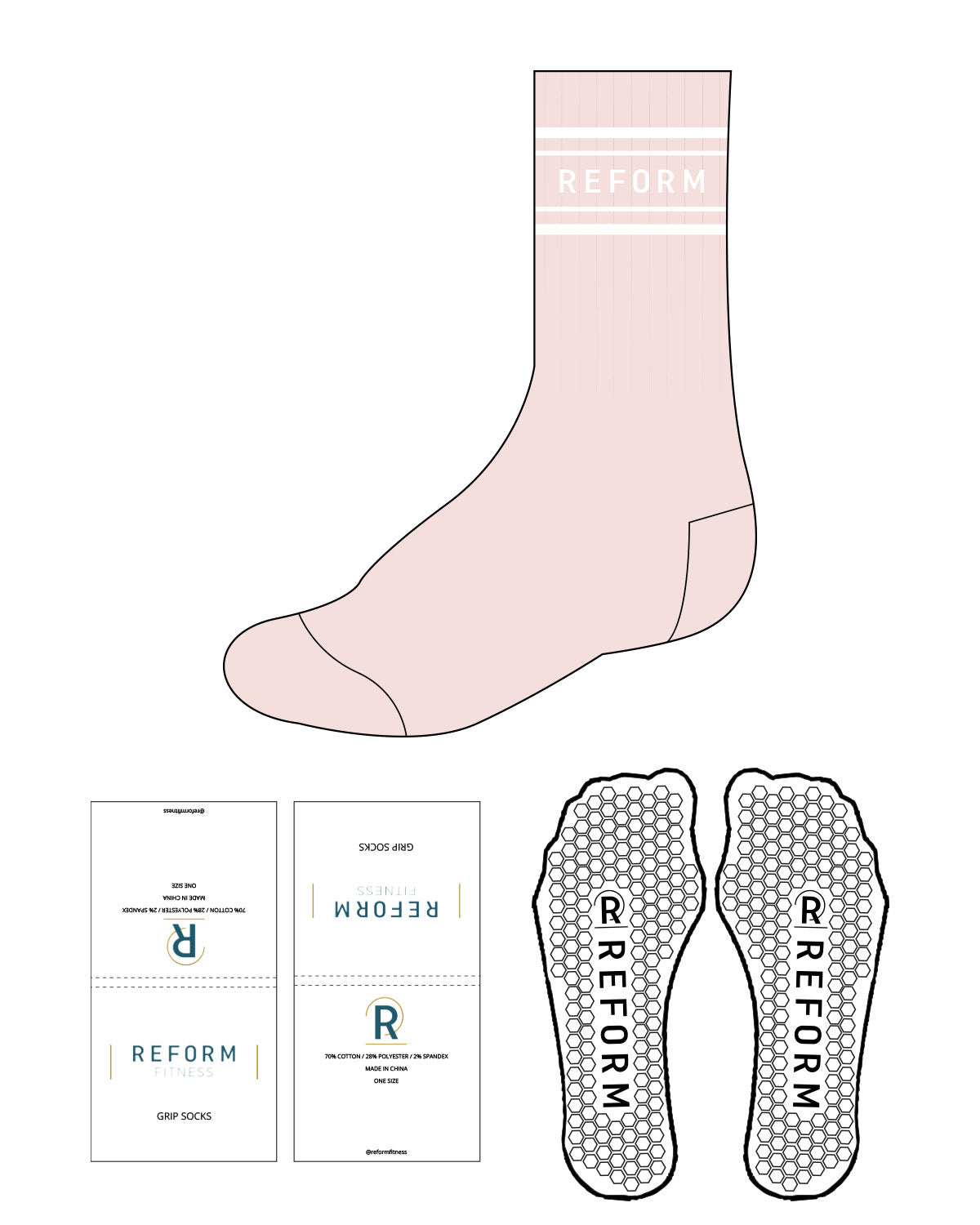 The Crew Sock - Light Pink - Reform Fitness - 4 Strips - Logo Between Strips - White - Hexagon Shape Grip - Transparent