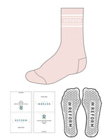 The Crew Sock - Light Pink - Reform Fitness - 4 Strips - Logo Between Strips - White - Hexagon Shape Grip - Transparent