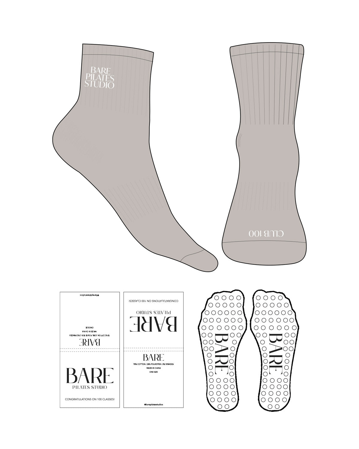 The 1/2 Crew Sock - Oat Milk - Bare Pilates - Top Right Stacked & Toe Logo - Embroidered - White - Circle Shape Grip - Transparent