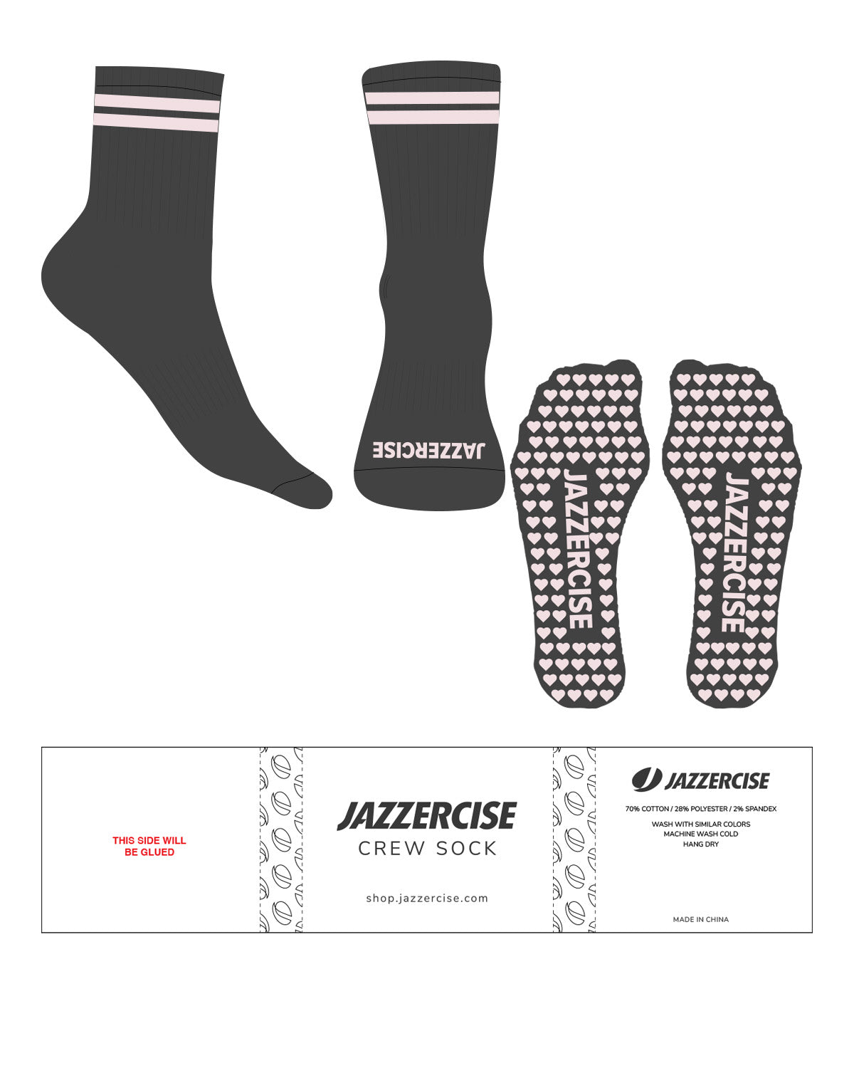 The 3/4 Crew Sock - Dark Heather Grey - Jazzercise - 2 Strips & Toe Logo - Pink - Heart Shape Grip - Pink