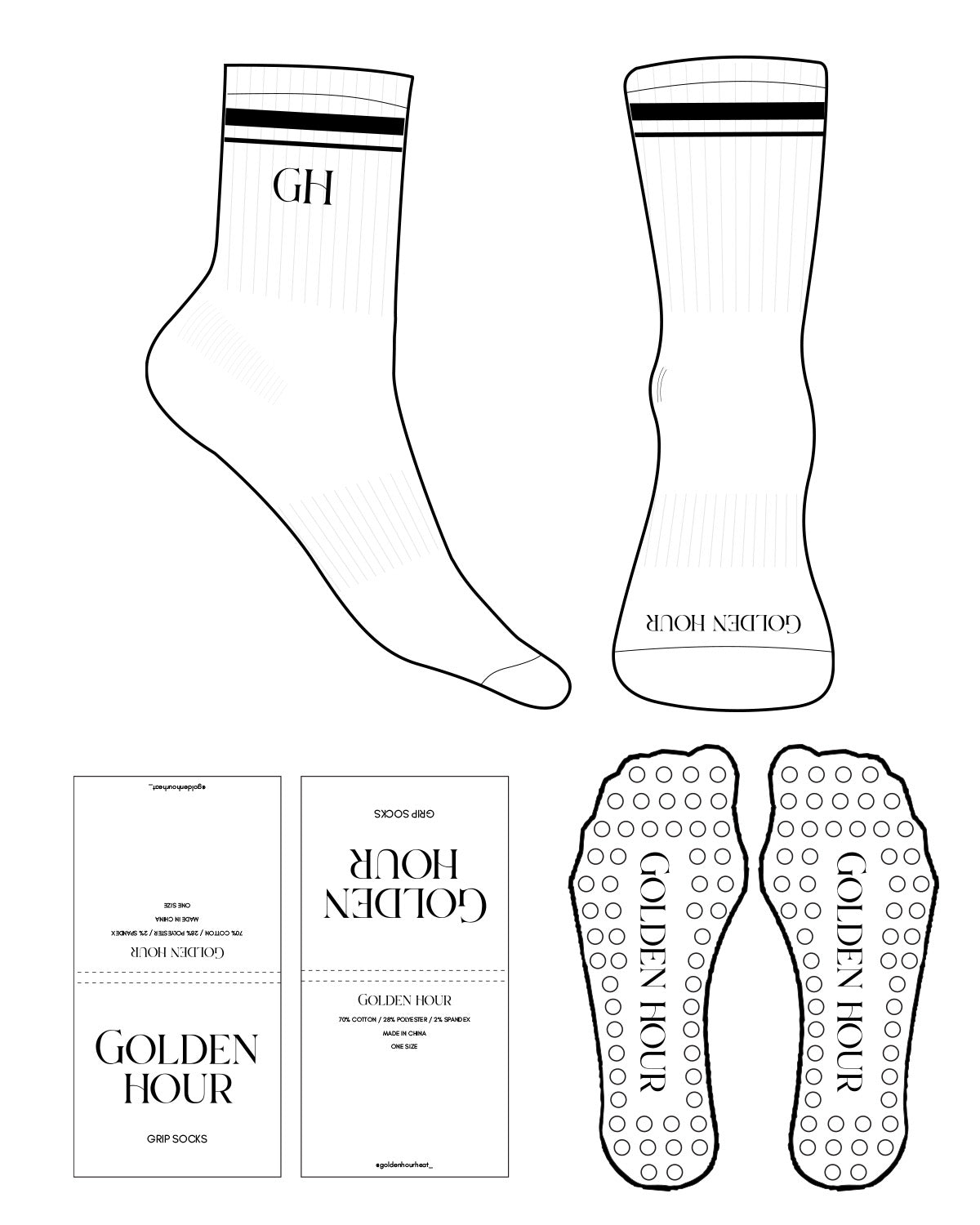 The 3/4 Crew Sock - White - Golden Hour Pilates - Top Dual Strip - "GH" Logo - Bottom Text - Black - Circular Shape Grip - Black