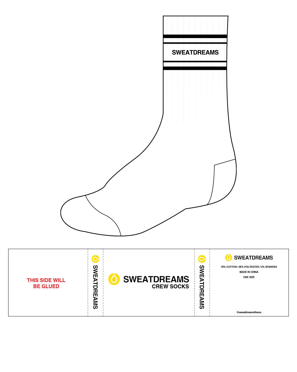 The Crew Sock - White - SWEATDREAMS - 4 Lines - Text In Between - Black
