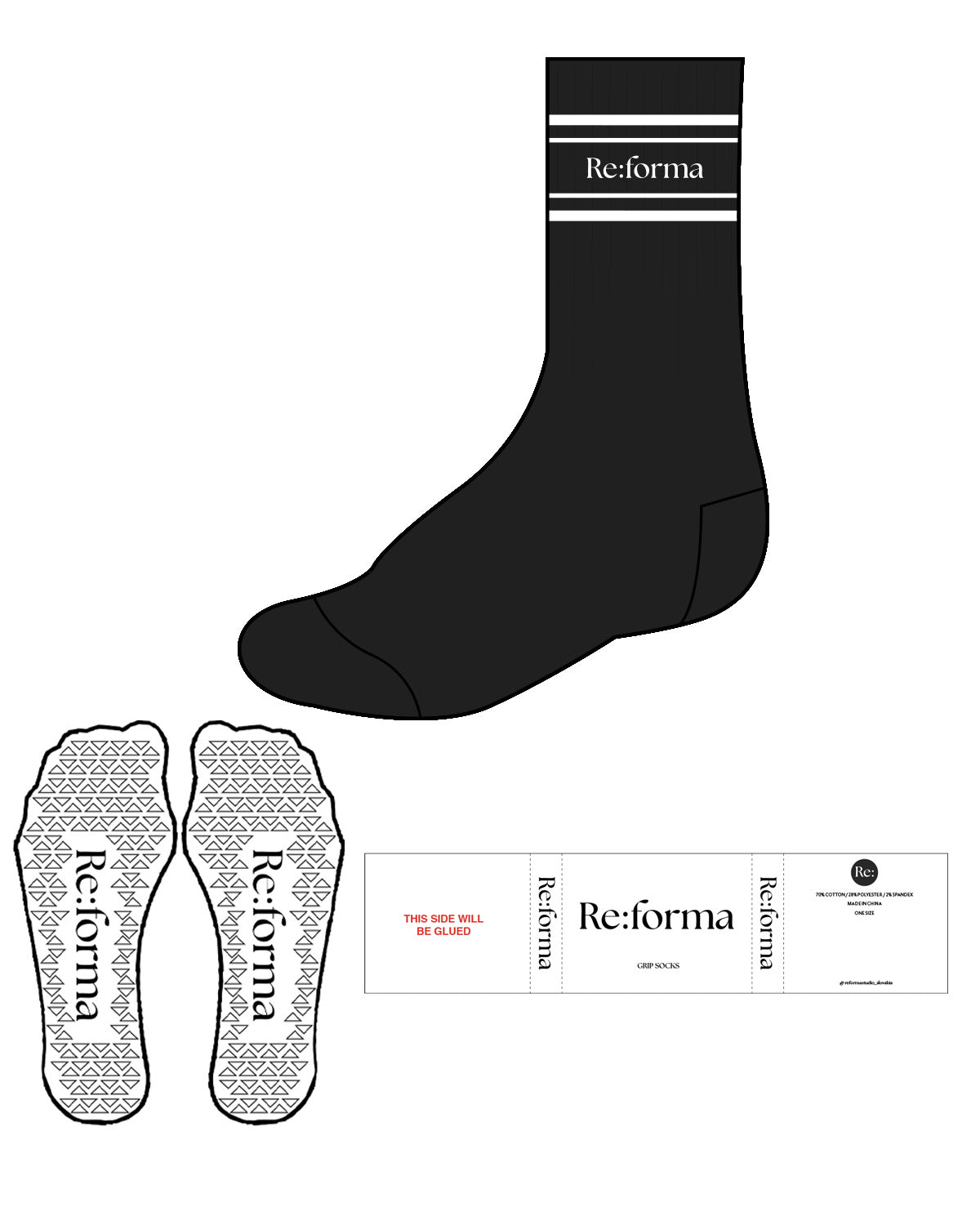 The Crew Sock - Black - Re:forma - Top Dual Border - White Triangle Grip - White