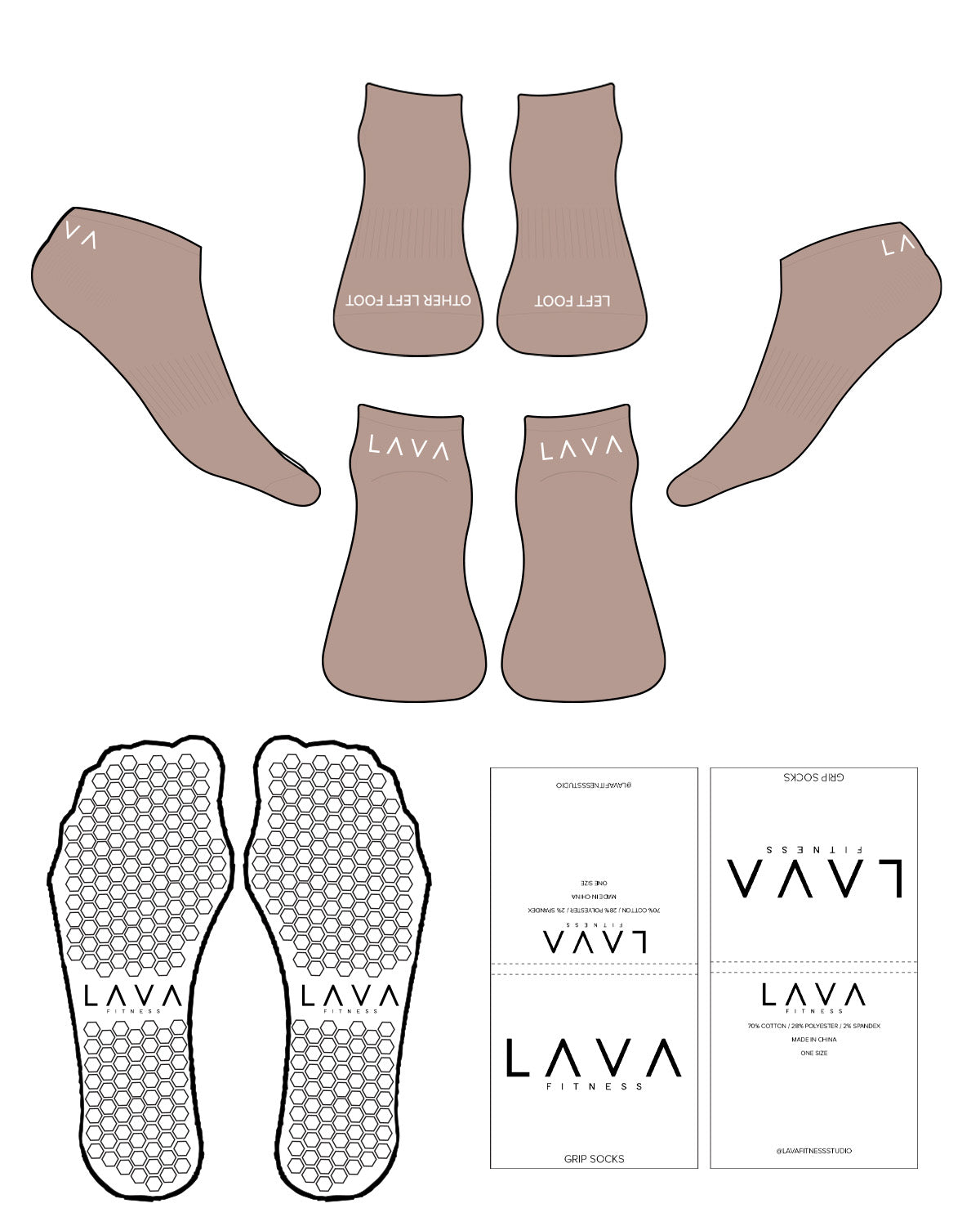 The Ankle Sock - Clay - 120 - Lava - Top & Back -   White Logos - Hexagon Shape Grip - White