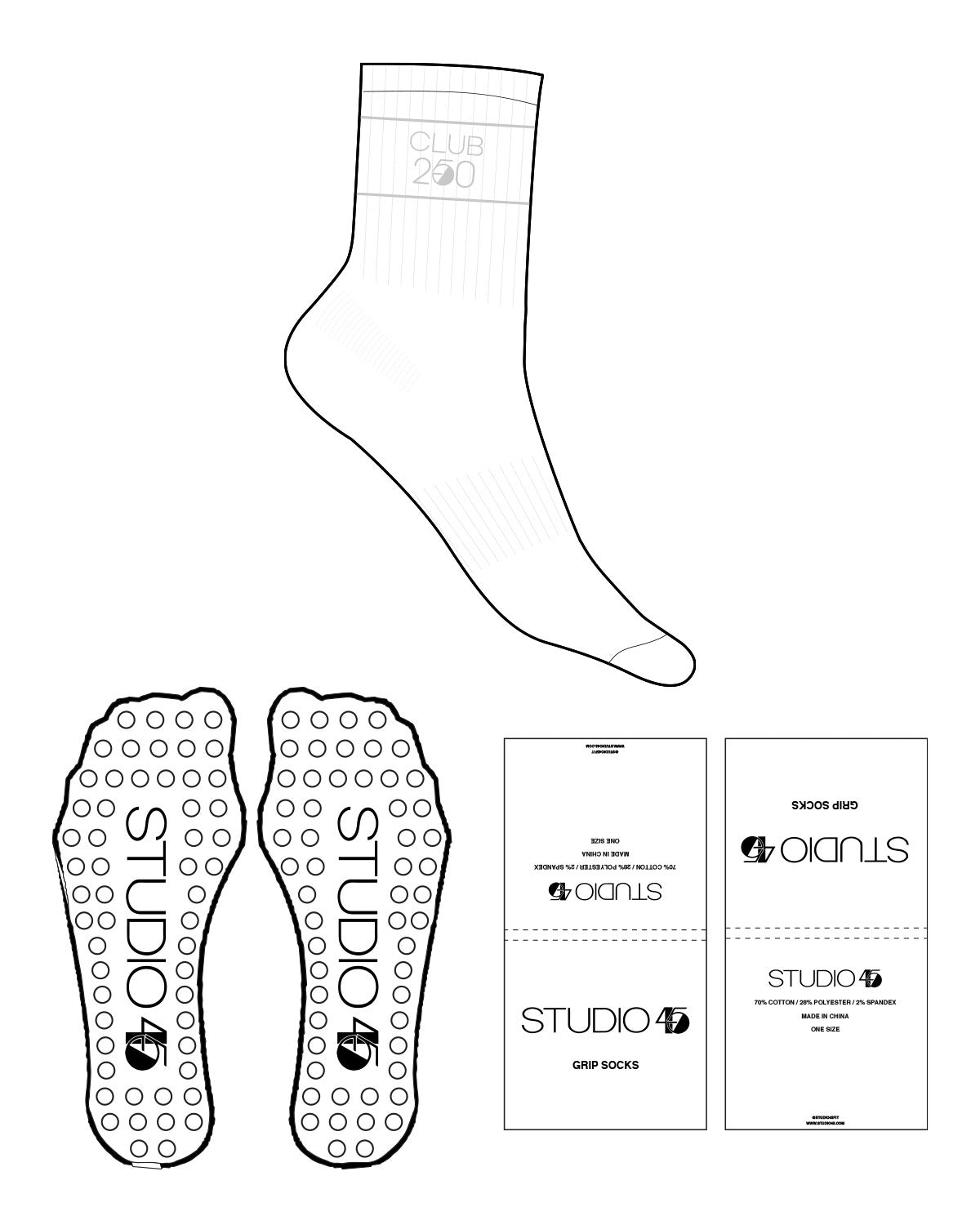The 3/4 Crew Sock - White - Studio 45 - Top "Club 250" In Between Lines - Silver - Circle Shape Grip - Transparent