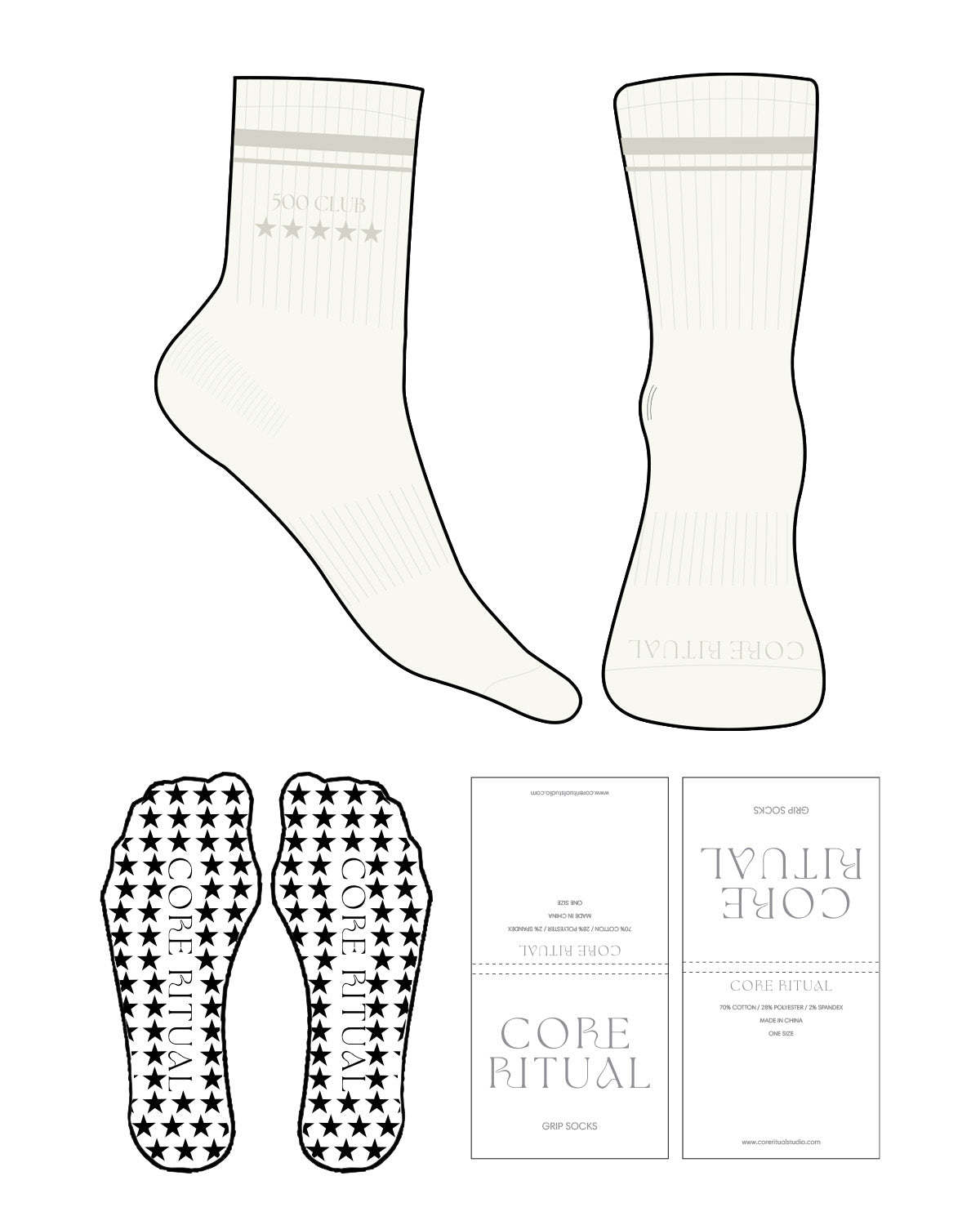 The 3/4 Crew Sock - Ivory - Core Ritual - 2 Stripe - Light Taupe - "500 Club *****" - Embroidered - Light Taupe - Star Shape Grip - Light Taupe