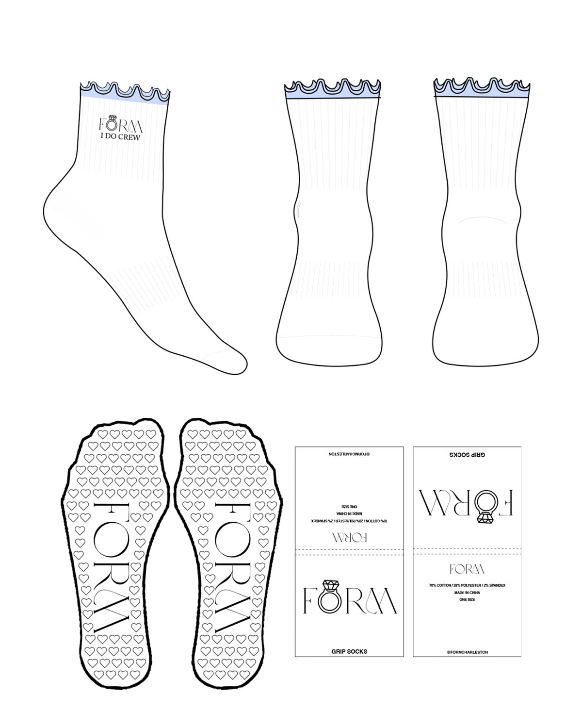The 1/2 Crew Sock - White - Form Charleston - Frill - Light BLue - Text - EMB - Heart Grip - Light Blue