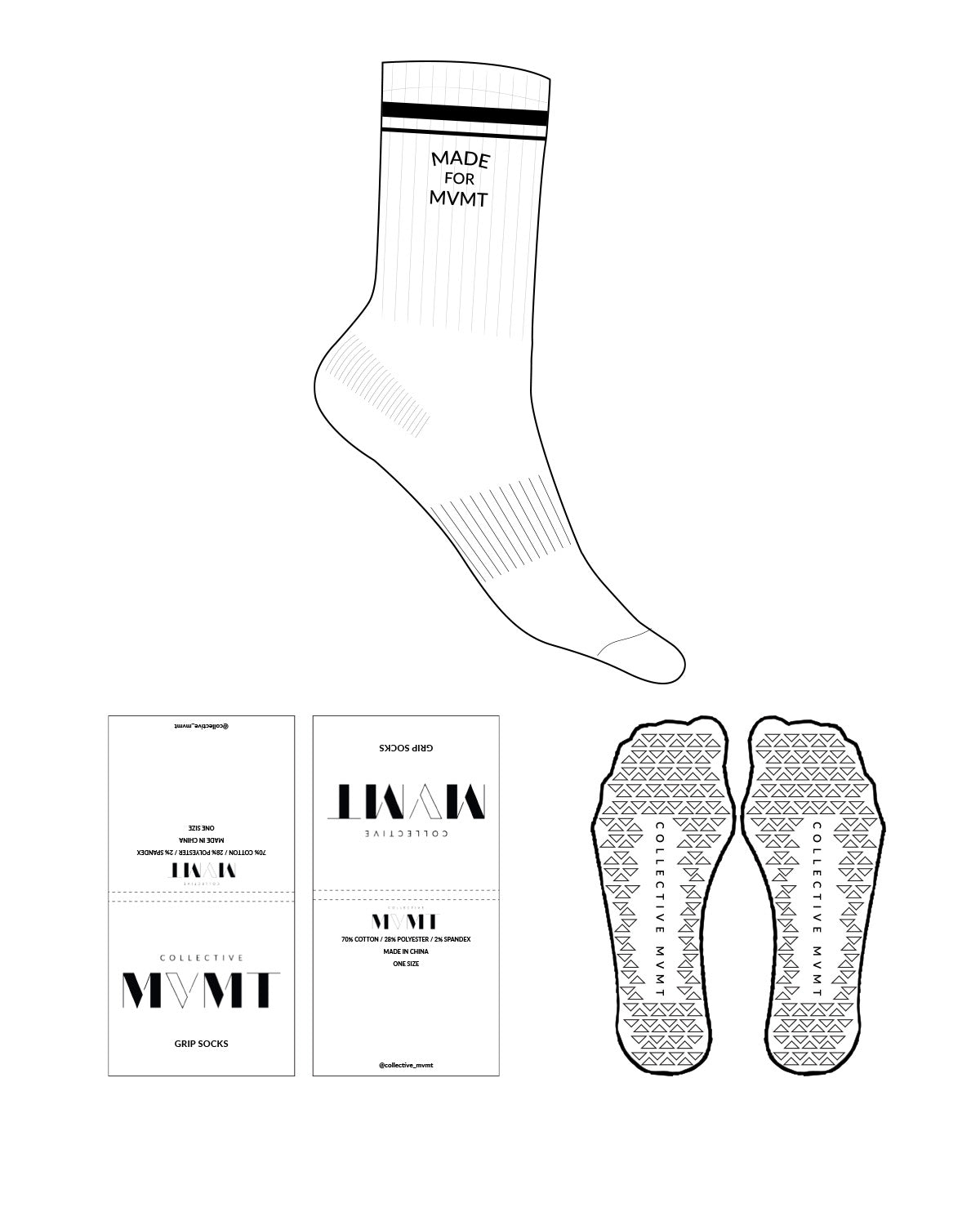 The Crew Sock - White - Collective Movement - Top Border Lines - Text Side Corner - Black -  Triangle Shape Grip - Black