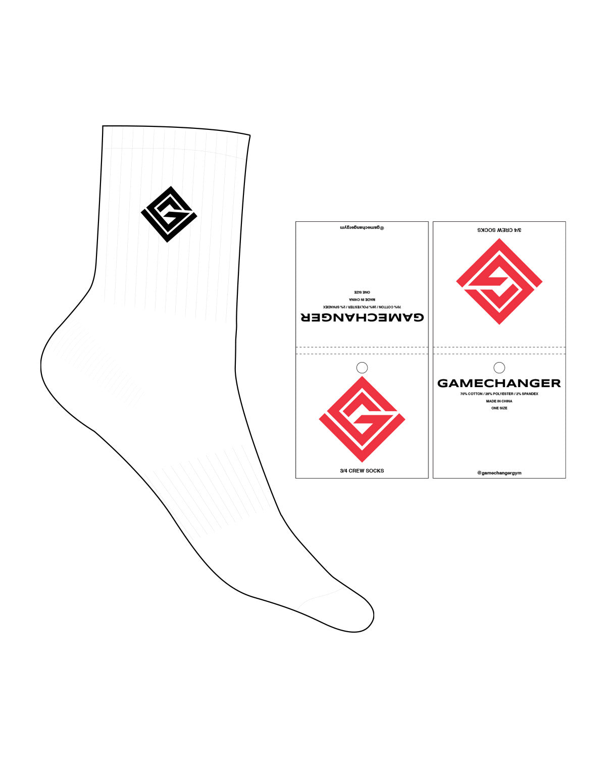 The 3/4 Crew Sock - White - Game Changer - Ankle Icon - Printed - Black