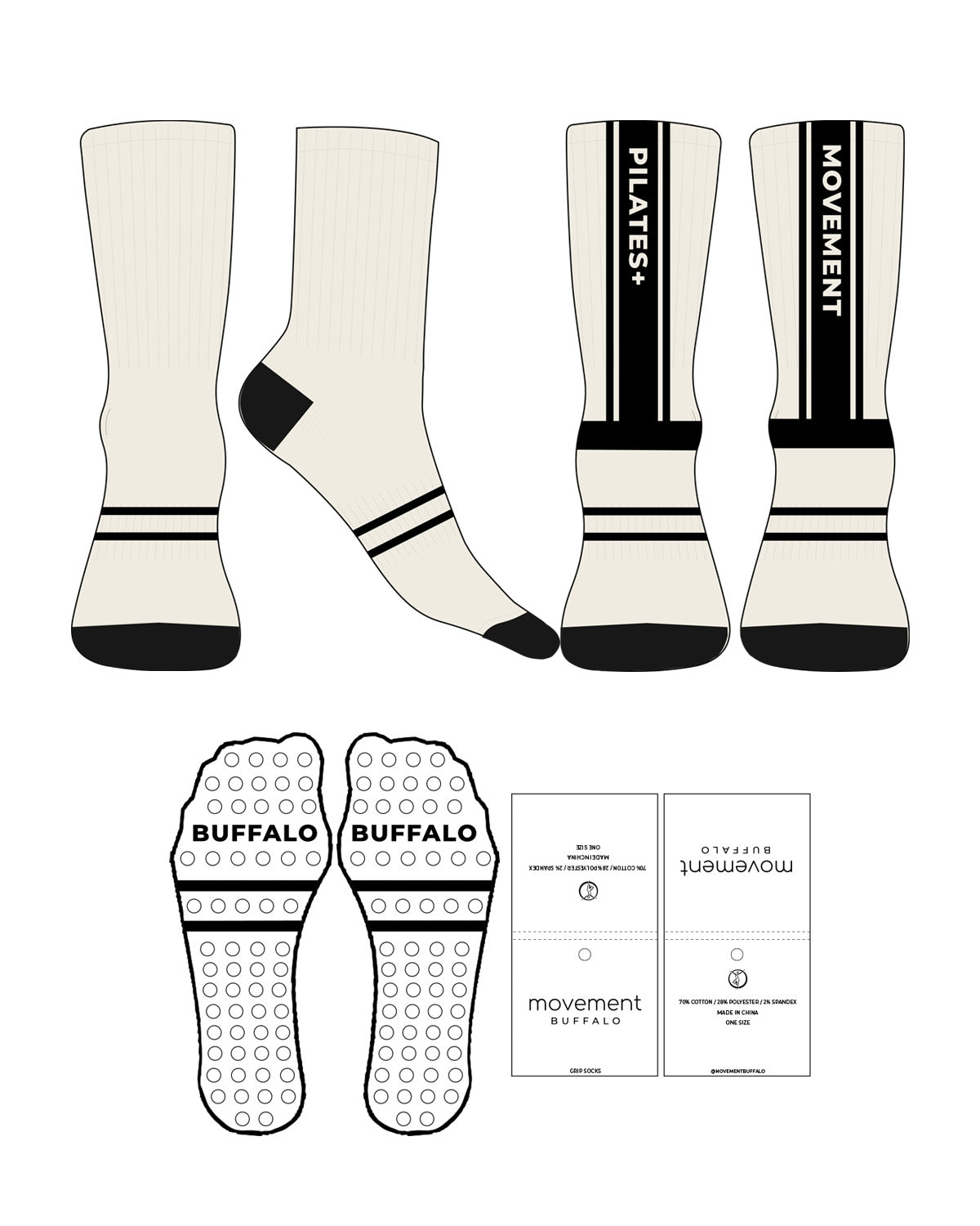 The Crew Sock - OffWhite - Movement Pilates Buffalo- 2 Stripes - Ankle - Back - Text & Stripes - Black - Circle Grip - Black