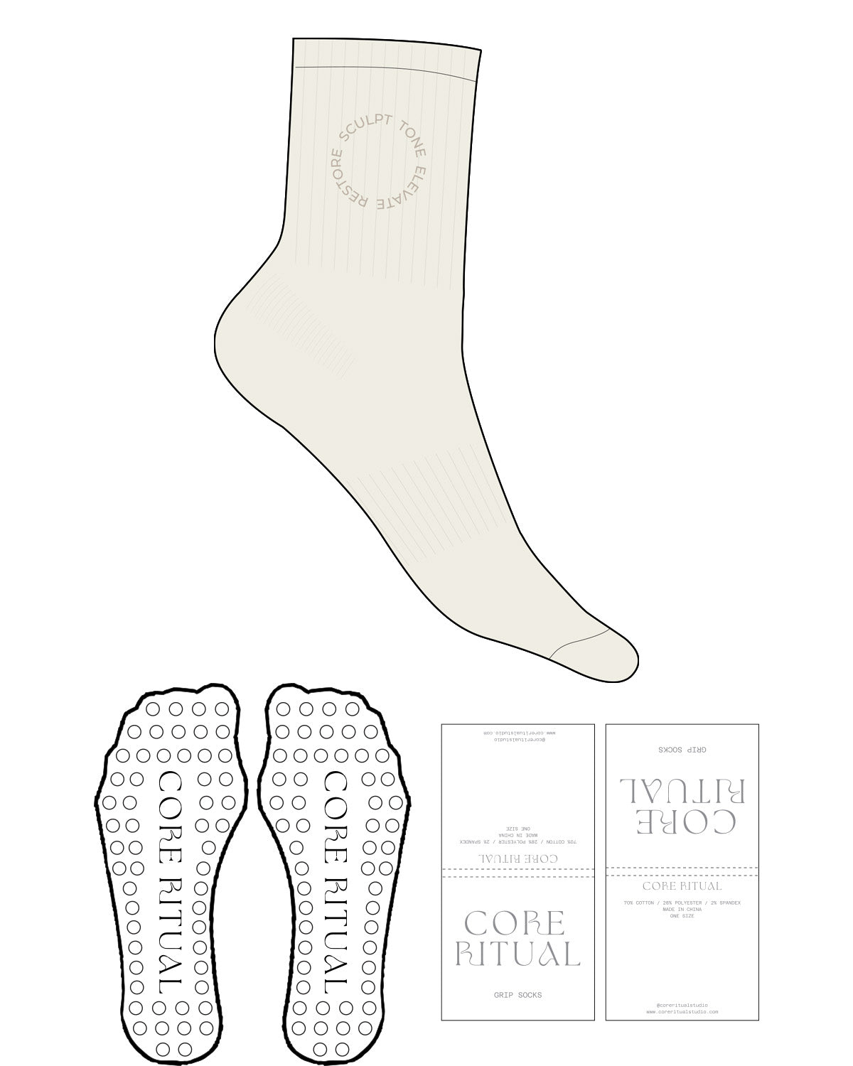 The 3/4 Crew Sock - Marshmallow - Core Ritual - Top Logo Round - EMB - Tan - Circle Grip - Tan