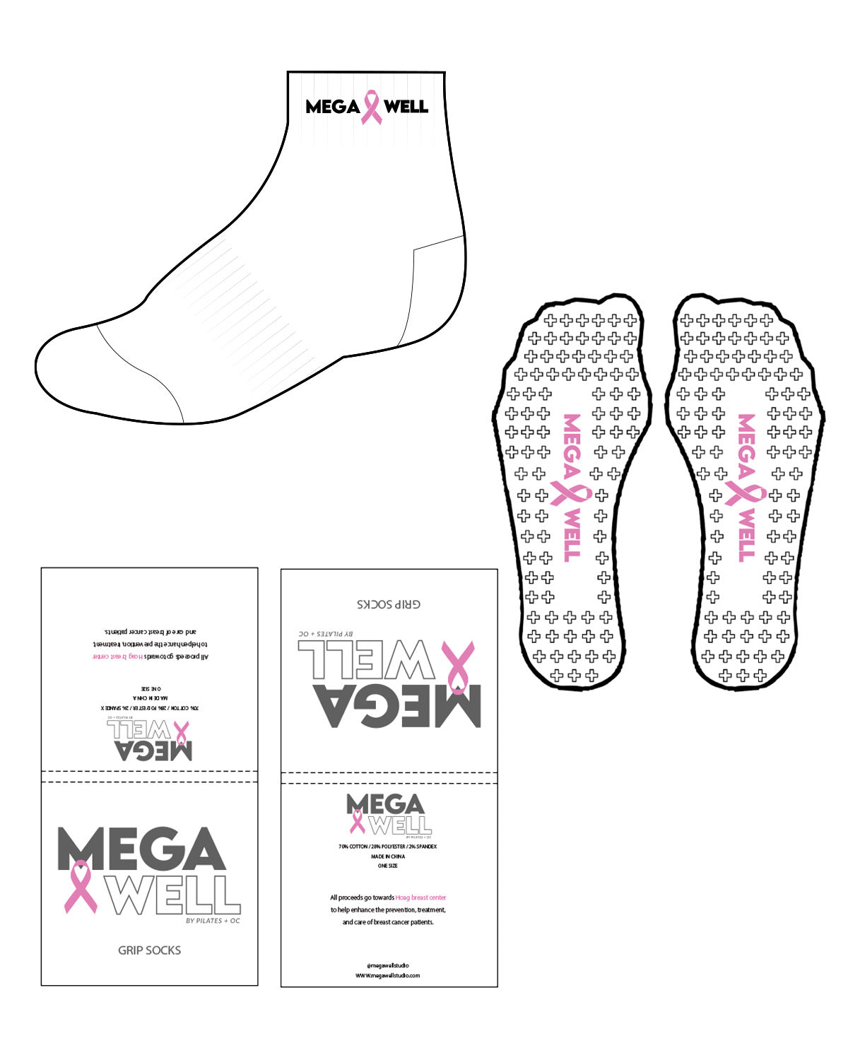 The 1/2 Crew Sock - White - Mega Well - Breast Cancer '24