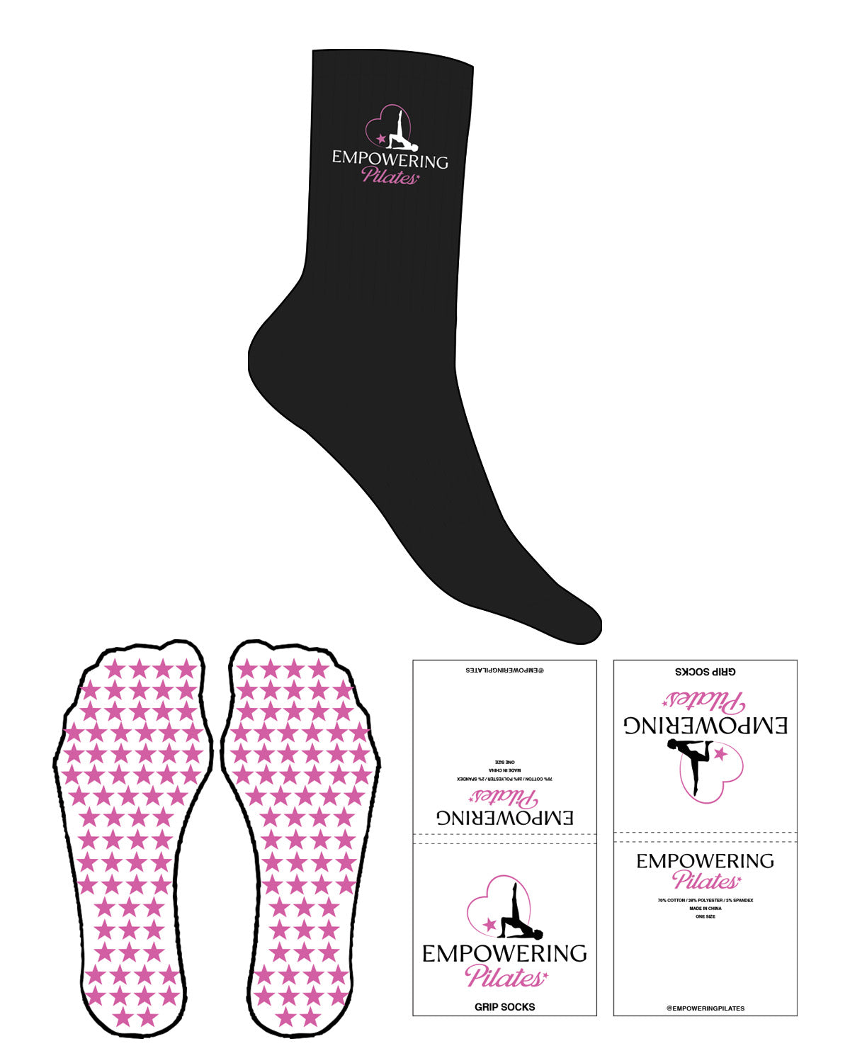 The Crew Sock - Black - Empowering Pilates - Top Logo Stacked - Embroidered - Full Color - Star Grip - Pink