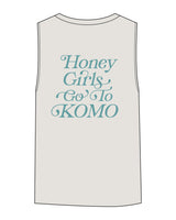 The Womens Heavyweight Tank - Washed Bone - Komo Studio - Left Chest Stacked & Back Stacked - Printed - Blue