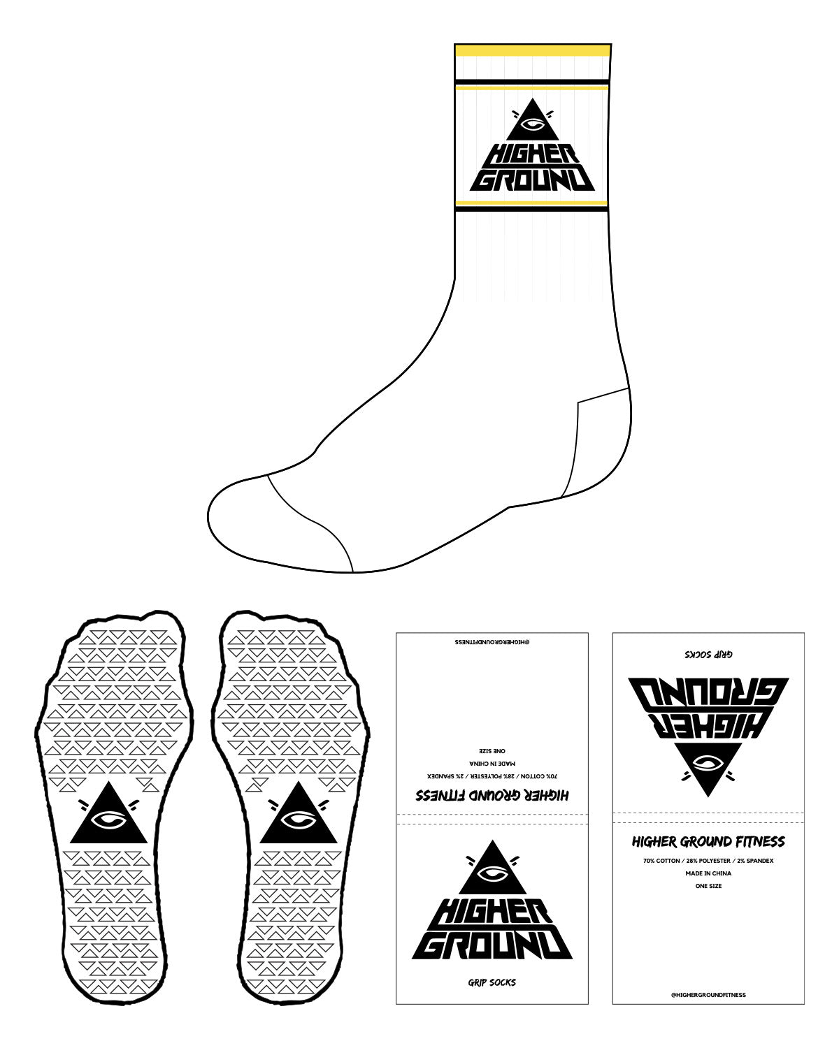 The Crew Sock - White - Higher Ground - Top Yellow - 2 Lines - Icon in Between -  Full Color - Triangle Grips - Black