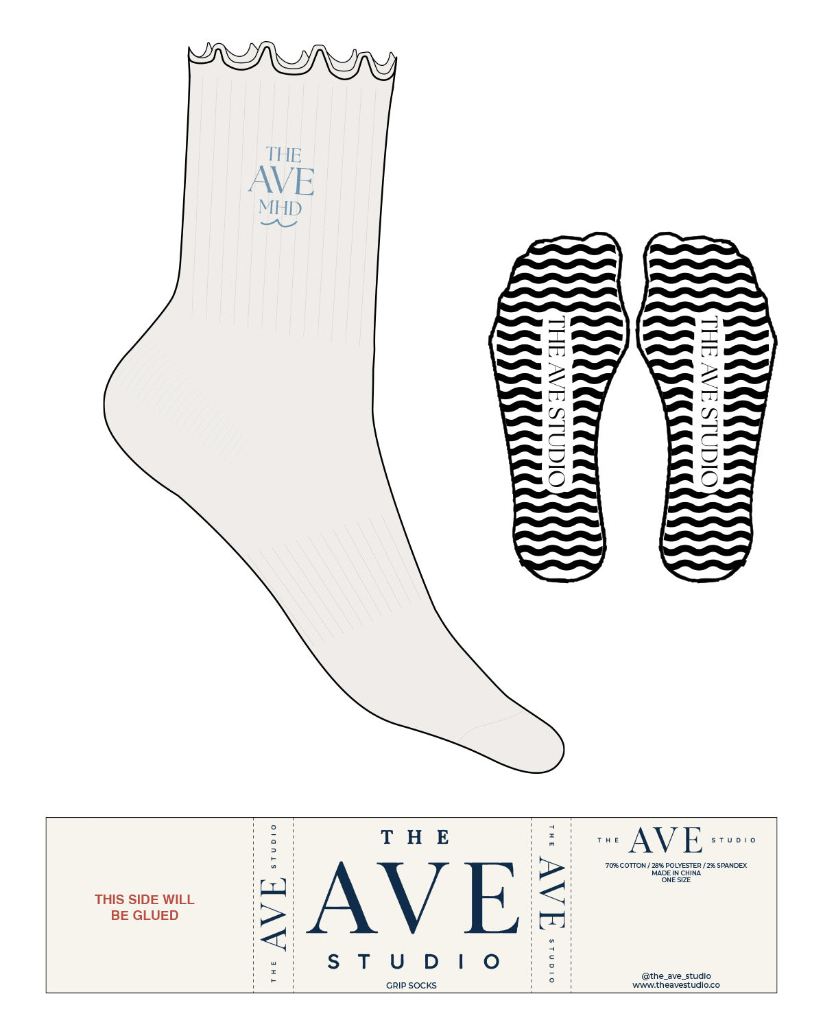 The 3/4 Crew Sock - Cloud Dancer - The Ave Studio - Top Logo Stacked - Embroidered - Winter Blue - Wave Grip - Navy