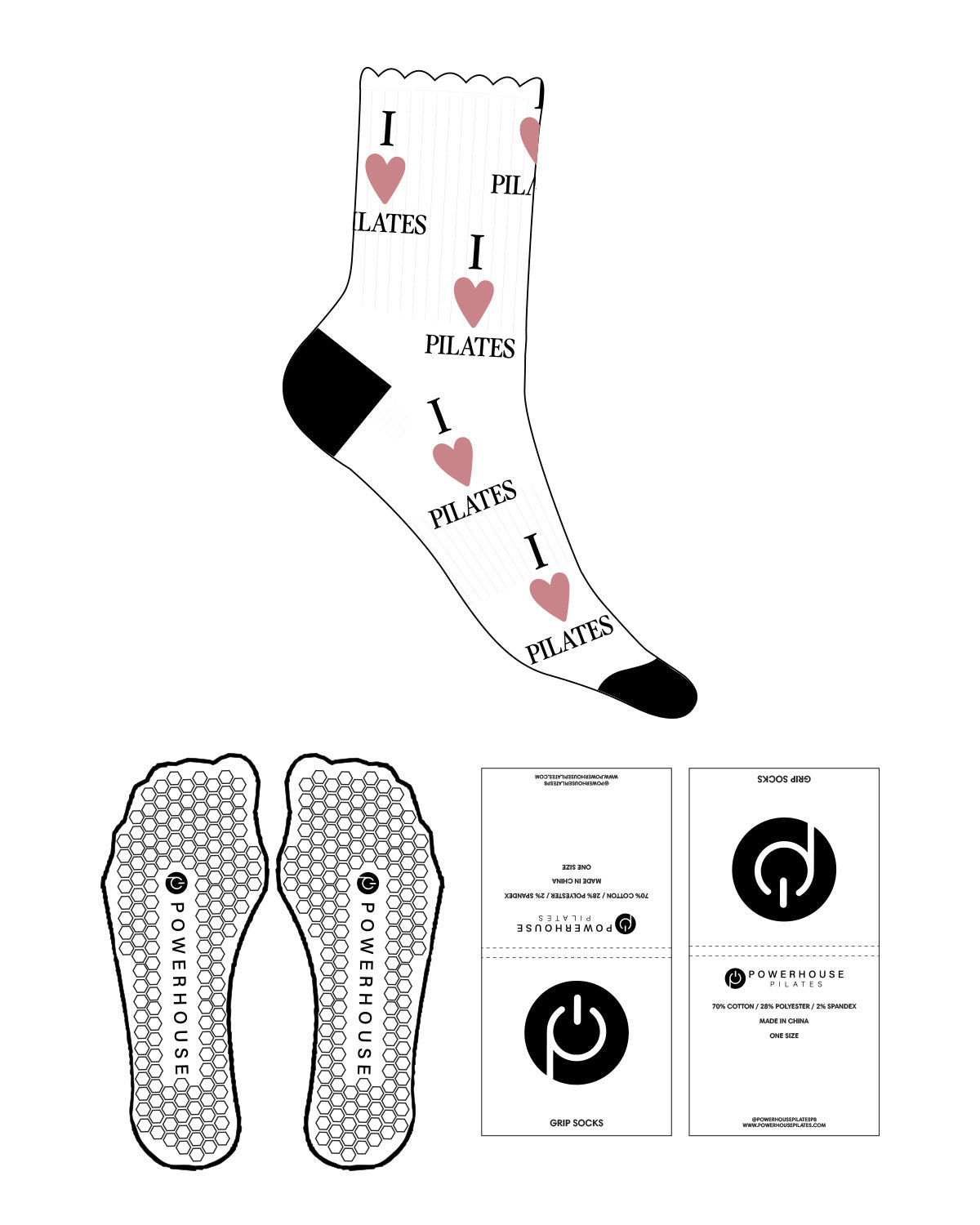 The 3/4 Crew Sock - White - Powerhouse Pilates - Heel & Toe Black - Branded Apricot Hearts - Printed - Full Color - Hexagon grip - Black