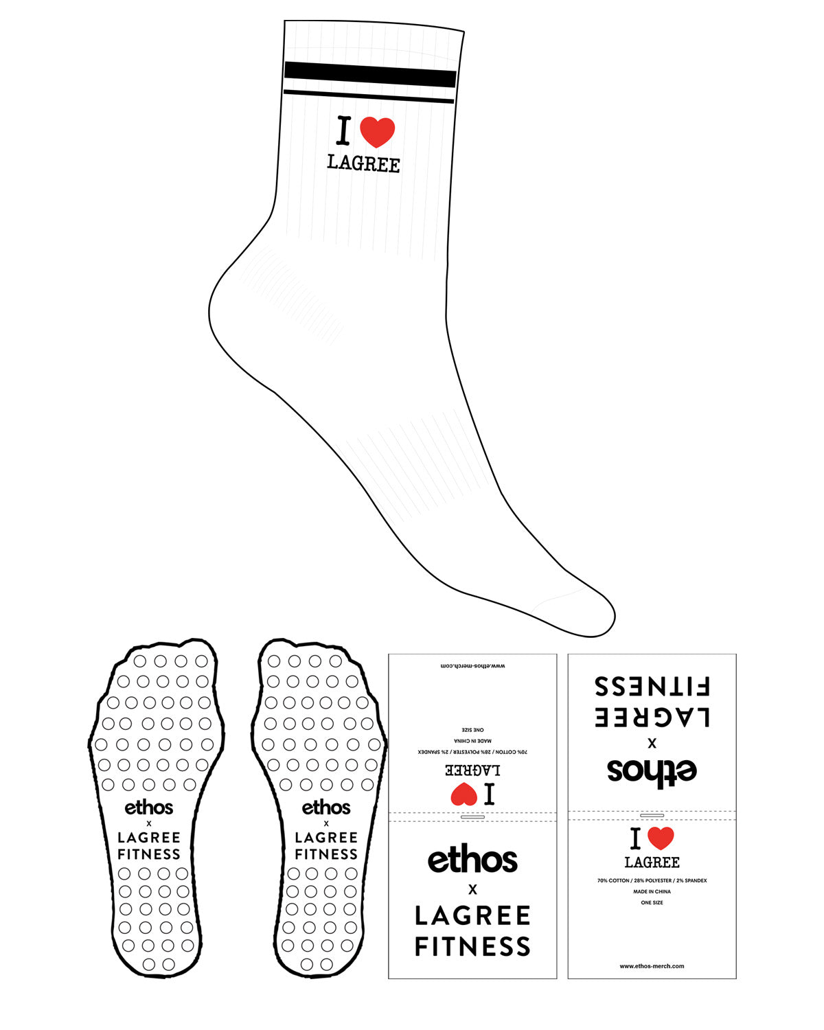 The 3/4 Crew Sock - White - Lagree Fit Expo 2026 - 2 Stripes - Printed - Black - Ankle Text Stacked - EMB - Full Color - Circle Grip - Black