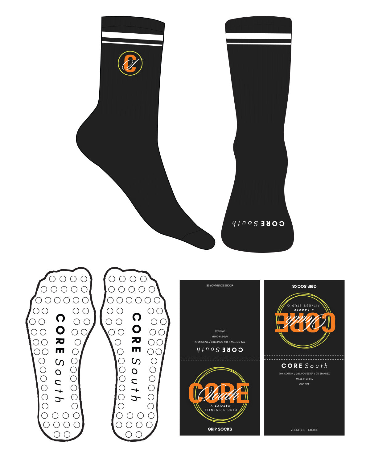 The 3/4 Crew Sock - Black - Core South Lagree - 2 Strips - Top and Front Logos - Full Color - Circle Shape Grip - White