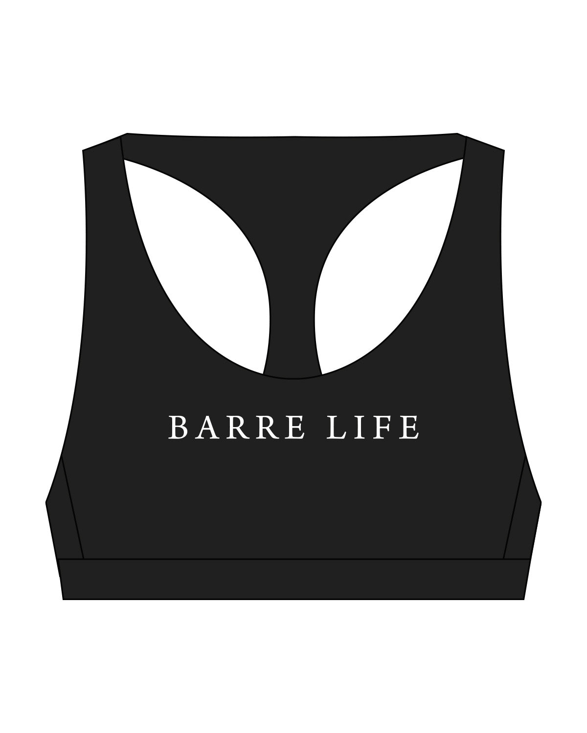The Racer Bra - Black - Barre Life - Center Chest - Printed - White